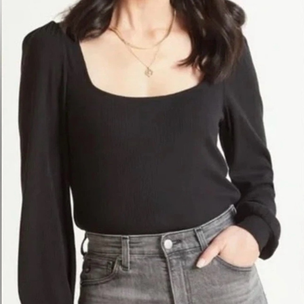 Z Supply‎ Black Long Sleeve Blouse Large Ribbed Stretch Puff Sleeve